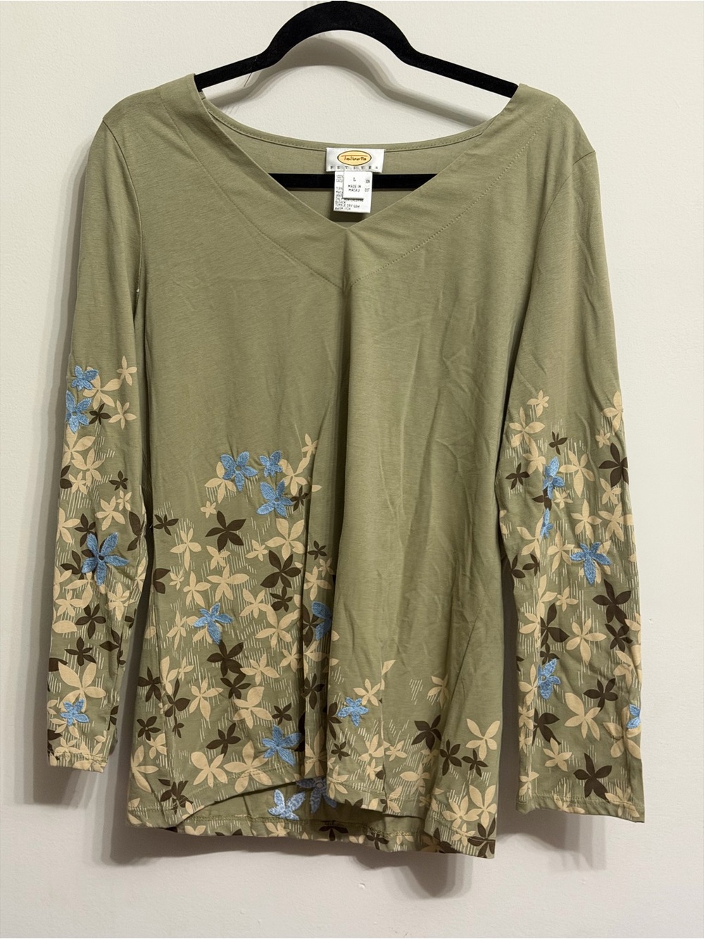 Talbots Olive Green Floral V-Neck Long Sleeve Tee